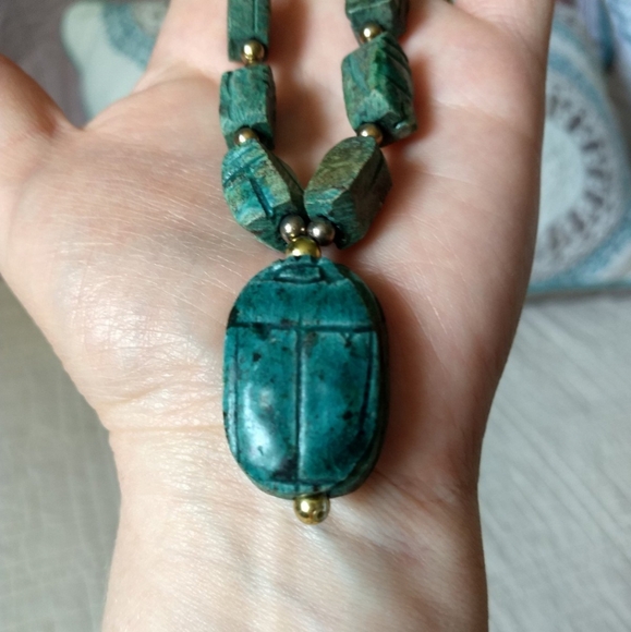 Vintage 1970s Hand Carved Ceramic Bohemian Egyptian Revival Scarab Necklace - Picture 7 of 9